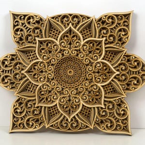 Sacred geometry wooden wall art with detailed layered pattern and natural wood finish