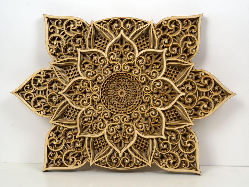 Sacred geometry wooden wall art with detailed layered pattern and natural wood finish