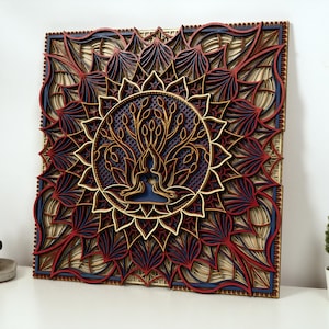Wooden Mandala Buddha Tree of life Spiritual Wall Art, Handmade Gift for Yoga Studio, Meditation Altar Decor, Handcrafted Zen Art