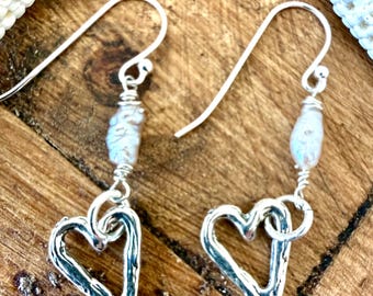 Hammered Sterling Silver Heart Drop Earrings With Fresh Water Pearls