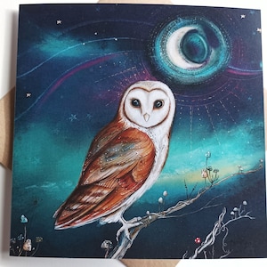 Tarjeta en blanco de búho / Tarjeta mágica de búho / Tarjeta alternativa / Búho y luz de luna