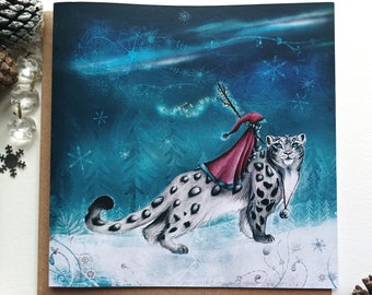 Tarjeta de Navidad de Leopardo de las Nieves y niña / Gato de Nieve Mágico / Tarjeta de Navidad de Cuento de Hadas / Leopardo de las Nieves y Copos de Nieve