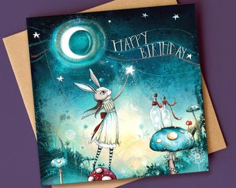 Biglietto d'auguri per il compleanno del Bambino della Luna / Illustrazione fantasiosa del collezionista di stelle