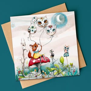 Woodland Wonder Animals Birthday Card: Fox, Toadstool, Sugar Skull Balloons