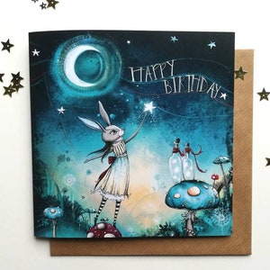 Cartão de aniversário da criança da lua / Cartão de apanhador de estrelas / Aniversário mágico / Cogumelos e estrelas / Aniversário de Halloween