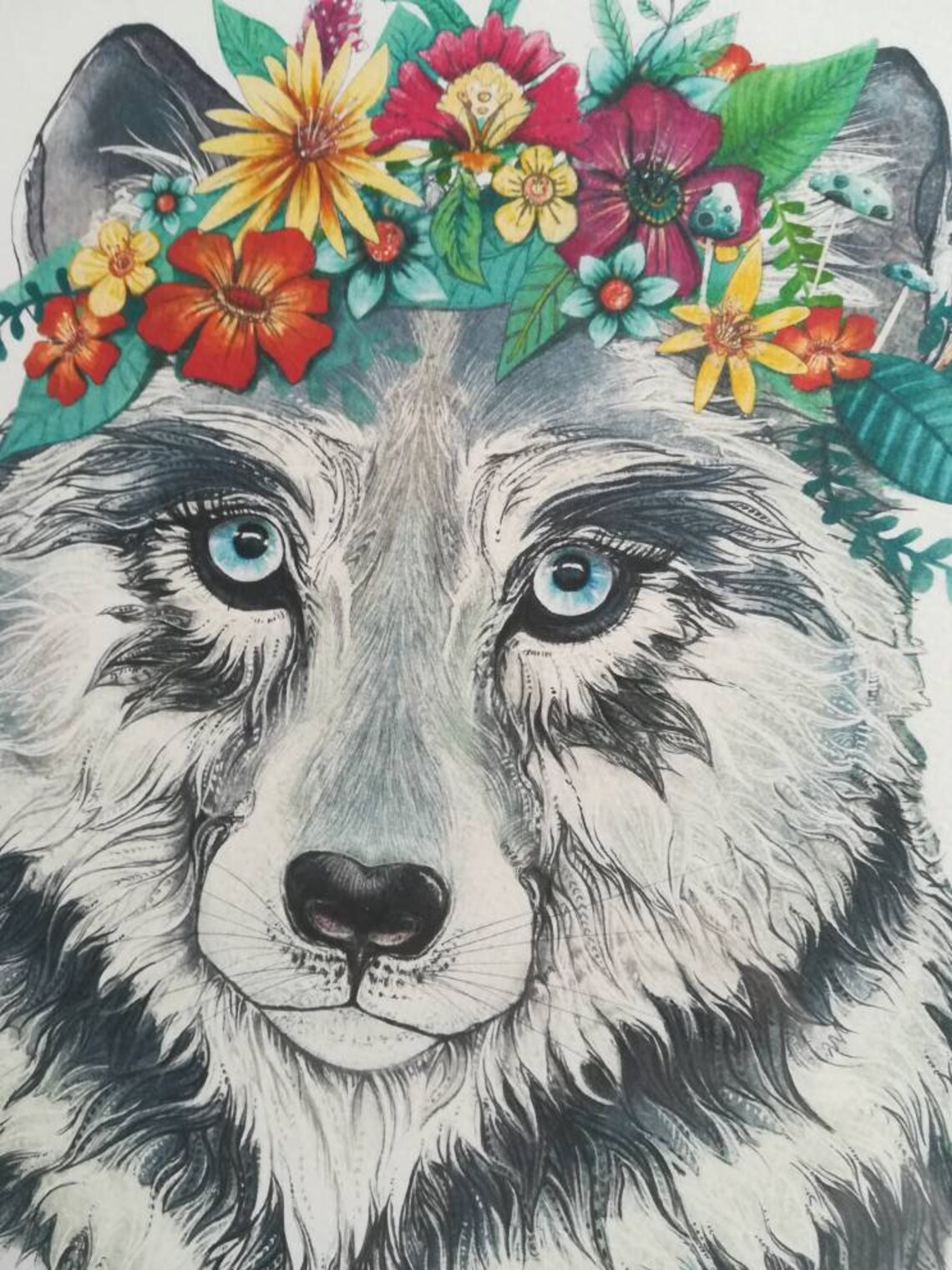 Wolf illustration  flower crown wolf art print  mama wolf   etsy Wolf illustration  flower crown wolf art print  mama wolf   etsy