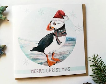 Festive Puffin Christmas Card | Santa Hat Seabird