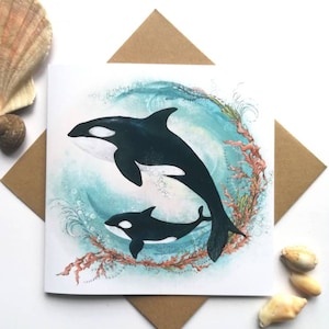 Wenskaart orka's / orka's / zeedieren / oceaandieren / pasgeboren baby / beste moeder