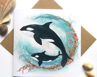 Carte de voeux orques / épaulards / vie marine / animaux de l'océan / nouveau bébé / meilleure maman