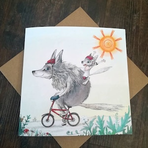 Lupi Blank Card // Lupi in bicicletta // Illustrazione di lupo // Lupi felici // Lupo in bicicletta
