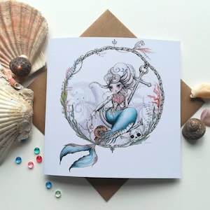 Carte de voeux de sirène//carte d'art de sirène vintage//carte inspirée de tatouage de sirène