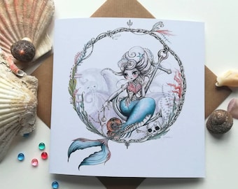 Mermaid Greetings Card // Vintage Mermaid Art Card // Mermaid Tattoo inspired card