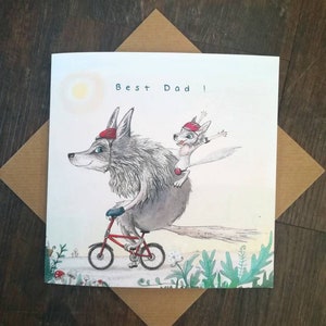 Meilleure carte pour papa / Anniversaire de papa loups à vélo / Illustration de loups sur un vélo / Carte pour papa