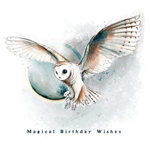 Cartão de aniversário de coruja de celeiro / Cartão de desejos de aniversário mágicos de coruja / Ilustração de pássaro / Cartão de arte de pássaro