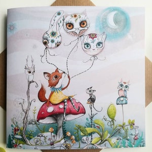 Tarjeta de Woodland Wonder // Tarjeta de cumpleaños con animales del bosque // Globos con calaveras de azúcar // Tarjeta con zorro y hongo venenoso