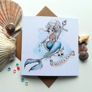 Sailors Ruin Mermaid Card //Carte sirène et ancre // Carte inspirée du tatouage vintage sirène