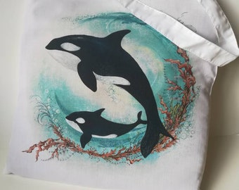 Orcas Tote / Mum and Baby Orca / Recycled Tote Bag / Killer Whales Bag / Illustrated Animal Shopper / Endangered Species