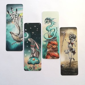 Fantasy Art Bookmarks / Gryphon, Moongazing Hare, Skeleton, Dragon / Illustrated Bookmarks