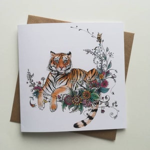 Carta tigre / Illustrazione tigre e fiori / Carta artistica tigre eccentrica / Tigre, ghirlanda botanica