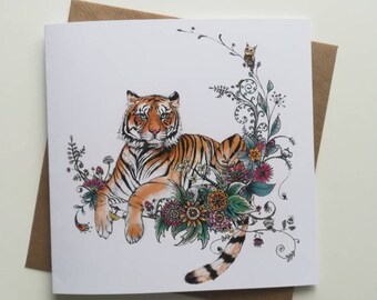 Carte Tigre / Illustration Tigre et Fleurs / Carte d’Art Tigre Excentrique / Tigre, Couronne Botanique