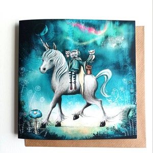 Carte Owl Queen et Licorne / Carte d’art Licorne / Carte d’art fantastique / Carte de notes Owls / Carte alternative
