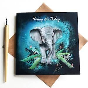 Carte d'anniversaire d'éléphant de minuit / Joyeux anniversaire de bébé éléphant / Espèce en voie de disparition
