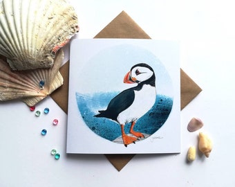 Carte de vœux Puffin // Illustration Puffin // Carte d’art Eco Puffin // Carte Seabird // Carte recyclée