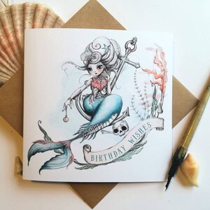 Carte de joyeux anniversaire sirène / / voeux d'anniversaire de sirène vintage / / carte inspirée du tatouage de sirène