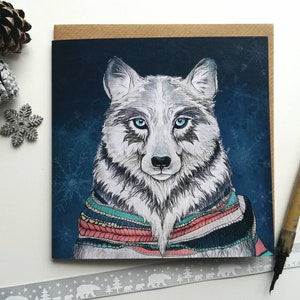 Cartão de inverno Lobo / Lobo com lenço / Lobo de inverno / Cartão de Natal de animal de neve / Estilo Scandi