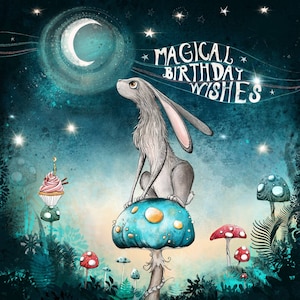 Moongazing Haas Verjaardagskaart / Magische verjaardagswensen / Alternatieve kaart / Forest Magic
