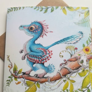 Cartão Dinossauro // Ilustração Microraptor // Arte Dinossauro // Cartão Infantil // Cartão Branco Dinossauro