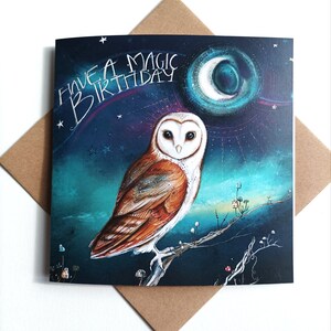 Tarjeta de cumpleaños de búho / Deseos mágicos de cumpleaños / Tarjeta alternativa / Búho y luz de luna