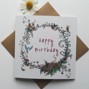 Biglietto di compleanno floreale // Paese delle meraviglie floreale // Buon compleanno // Carta di felci e fiori // Illustrazione di fiori // Carta illustrata botanica