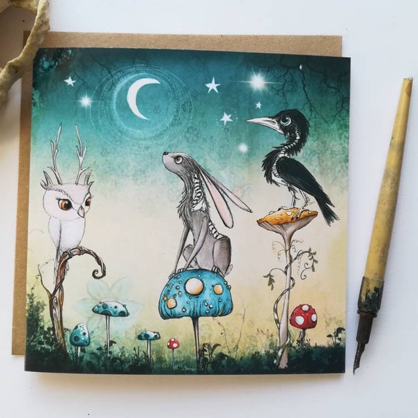 Moon Creatures Card / Halloween Card / Magical Forest / Skeletons / Alternative Card / Forest Animals Card / Toadstools / Moongazing Hare
