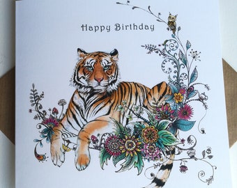 Happy Birthday Tiger Card / Illustrated Tiger / Floral Quirky Border / Card For Her