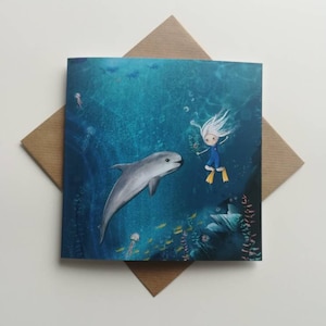 Cartão em Branco Menina e Vaquita// Ilustração Subaquática // Cartão Ilustração Oceano // Ilustração Infantil