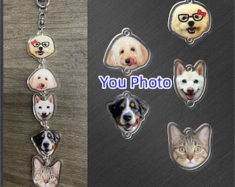 May include: A keychain with a silver star charm and a chain of clear acrylic charms featuring different dog and cat faces. The charms are round and oval shaped. The text "You Photo" is printed on the image.
