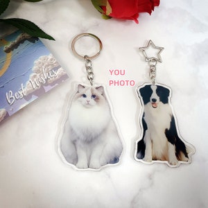 May include: Two clear acrylic keychains. One features a fluffy white and grey cat with blue eyes, the other a black and white dog. Both have silver key rings and chains. The text "YOU PHOTO" is visible.