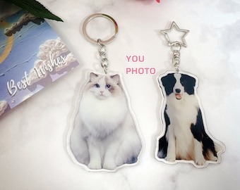 May include: Two clear acrylic keychains. One features a fluffy white and grey cat with blue eyes, the other a black and white dog. Both have silver key rings and chains. The text "YOU PHOTO" is visible.