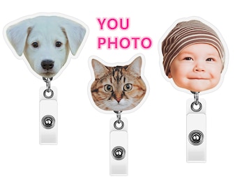 Personalized Retractable ID Badge Holder Pet Cat Dog Photo , Custom Badge Reel Your Photo for Office Worker, Nurse, Doctor, Teacher, Student