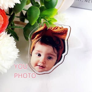 May include: A clear acrylic keychain with a photo of a baby girl wearing a brown headband. The keychain is shaped like a heart and has a smooth, glossy finish.