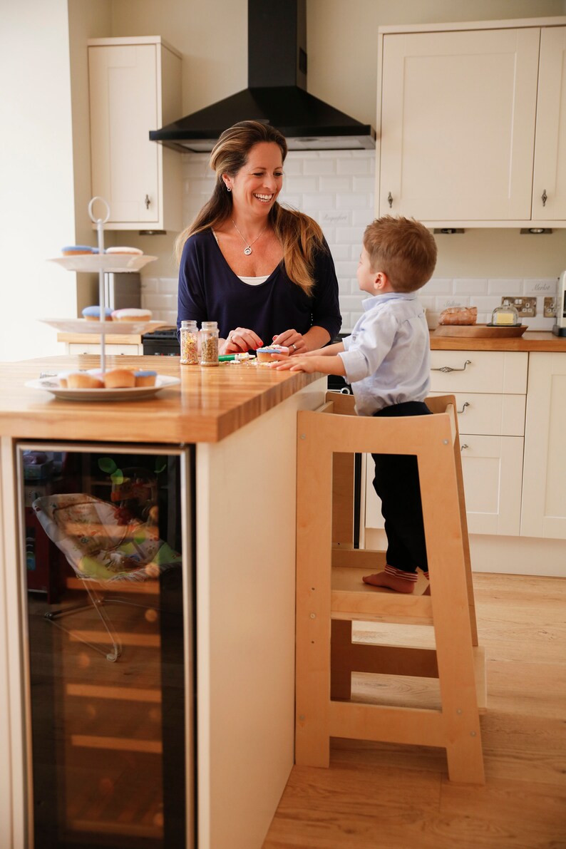 Learning Tower Toddler Step,Adjustable Height with Safety Rail,Solid Wood,Varnished Kitchen Step Stool for Children