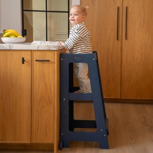 Stepup Baby Toddler Tower - Adjustable Height Kids Helper Step Stool for Kitchen & Bathroom Standing Tower with Safety Rails - Blue