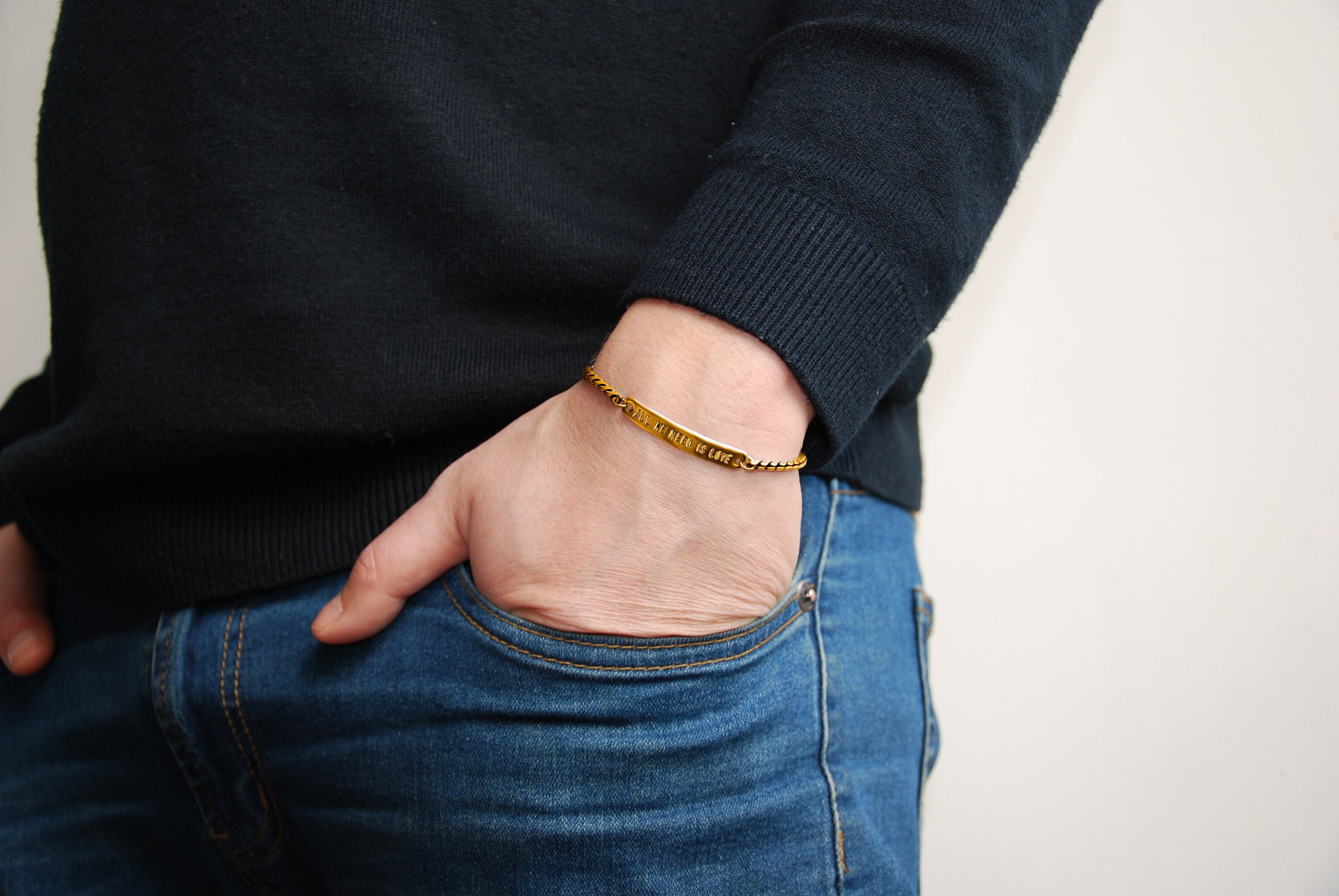 24k Gold Plated Bar Chain Bracelet for Men with Inscription All we need is love Minimalist Design by Valeno jewelry