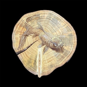 魚。動物と野生動物の油絵。リアルな壁アート。オリジナルのマジックウッド、ローラン・ペレによるトロンプ・ルイユ