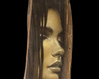 Haar aus Ebenholz. Porträt einer Göttin. Ölgemälde auf Massivholz. Optische Täuschung mit Intarsien in der Holzmaserung.