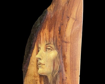 Visage de femme. Peinture sur bois massif. Illusion d'optique. Modern style, Peinture décorative, méditation. Bois magique, Roland Perret