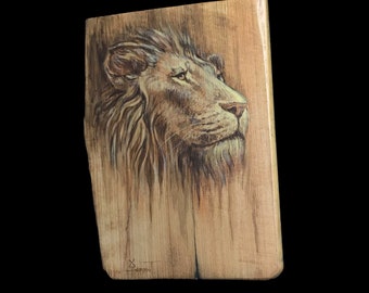 Tête de lion. Peinture originale et unique sur bois massif. Peinture à l’huile classique, illusion d’optique, cabinet de curiosité