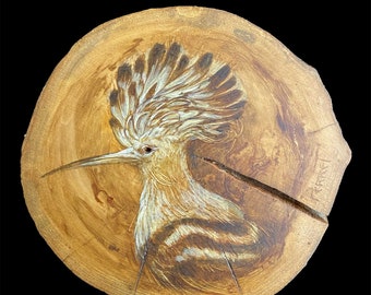Vogel mit Haube. Ursprüngliche und einzigartige Malerei auf festem Holz. Tierkunst trompe-l'oeil