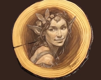Elfe. Peinture originale et unique sur bois massif d'une elfe souriante, art fantastique, peinture à l'huile classique, illusion d'optique.
